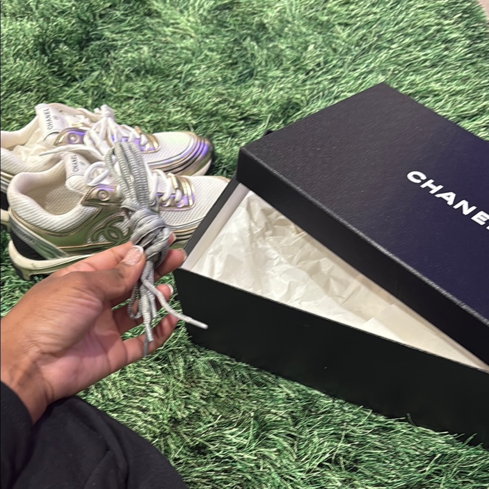 CHANEL Metallic Gold and White Sneakers - Picture 5 of 7